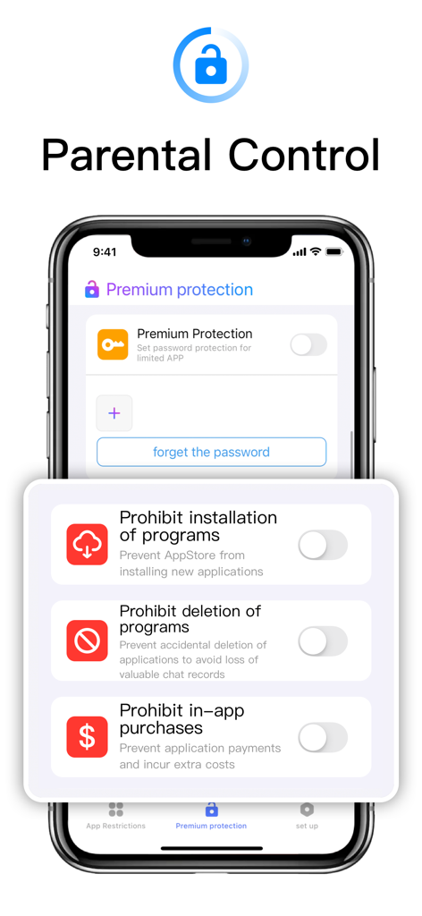 App Lock-Lock Apps, App Locker - Parental control interface showing toggles to prohibit app installation deletion and in-app purchases