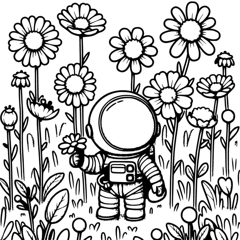 tiny realistic astronaut in a field of flowers