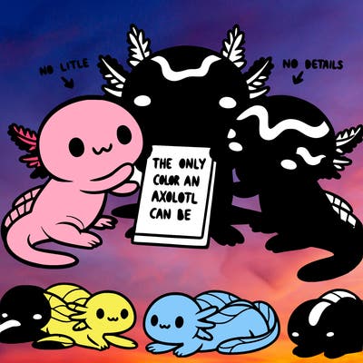 three  axolotl’s and a sign that says the only color an axolotl can be is pink black and gold  super cute animated