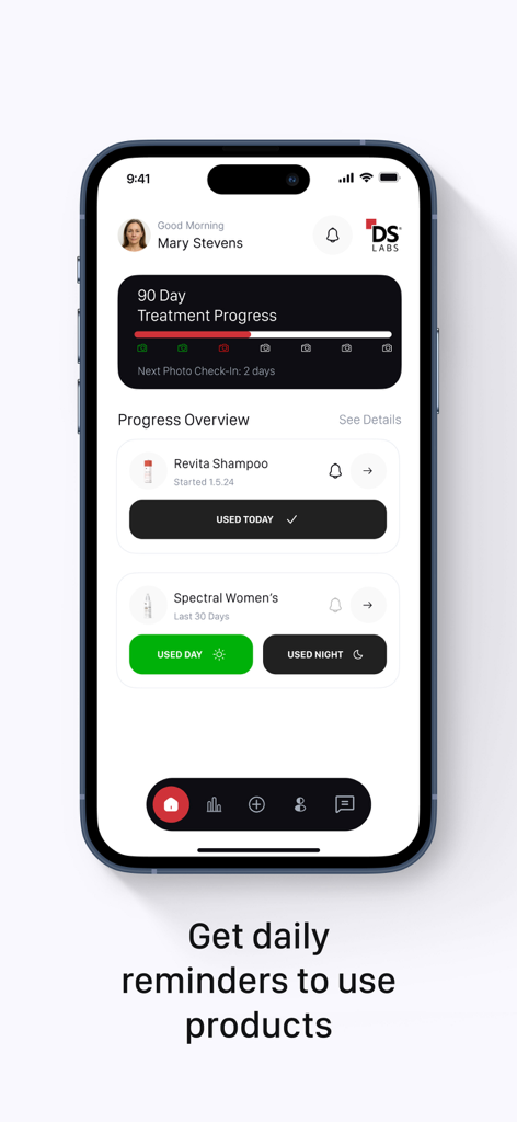 HairTRACK app interface displaying 90-day treatment progress and daily hair care product reminders