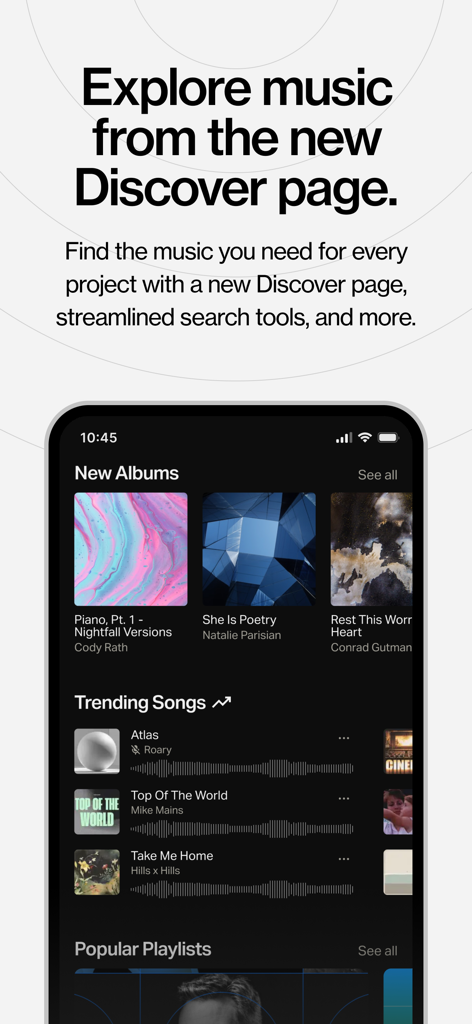 A screenshot of the Musicbed app showing the new Discover page with sections for New Albums, Trending Songs, and Popular Playlists.