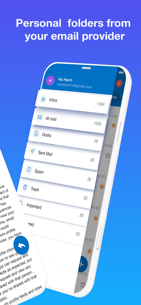 Personal email folders interface in the Email for Outlook Hotmail app