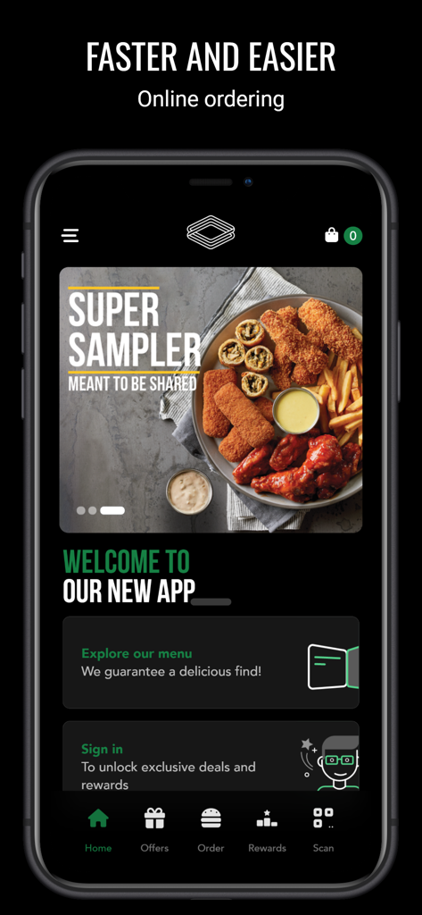 Roadster Diner - La pantalla de inicio de la aplicación móvil Roadster Diner mostrando un plato de muestras súper y navegación para pedidos en línea