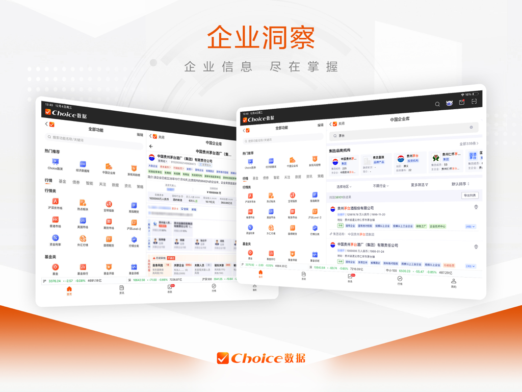 Choice数据 HD-掌上投研贴心随行 - Pantallas de iPad de la aplicación Choice Data HD que muestran información corporativa china y datos del mercado financiero.