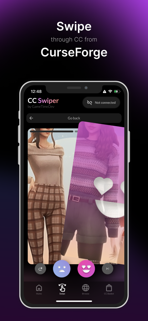 CC Swiper - CC Swiper app interface showing the swipe mechanic to discover Sims custom content from CurseForge