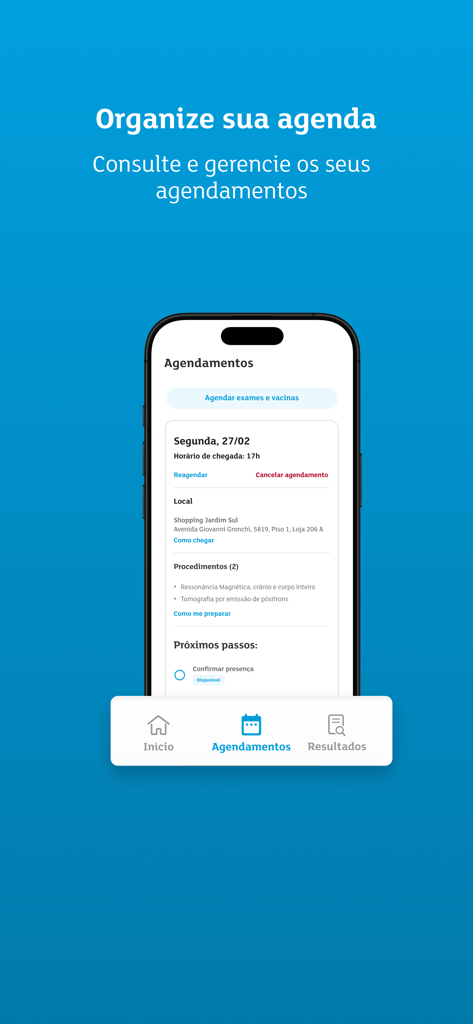 Labs a+ - Pantalla de la aplicación Labs a+ que muestra un examen médico programado con detalles de la cita e información de ubicación