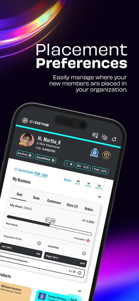 ByDzyne - A mobile screen from the ByDzyne app displaying placement preferences and business performance metrics.