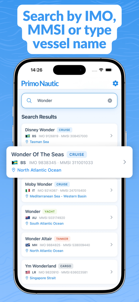 Search interface of Primo Nautic app showing vessel results by name IMO and MMSI including ship types and locations