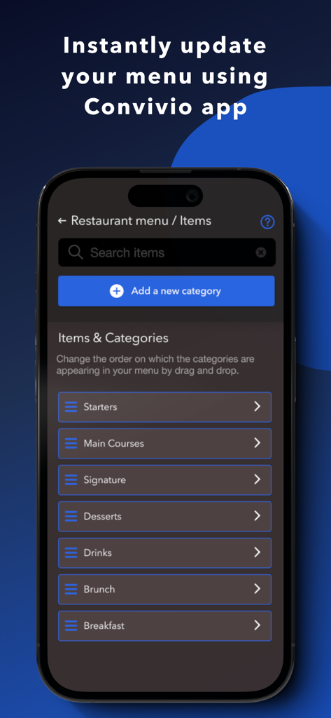 Interface mobile de l'application Convivio pour la mise à jour des catégories et des articles du menu du restaurant