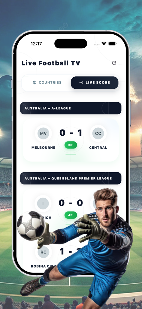 Live Football TV- HD Streaming - Pantalla de smartphone mostrando marcadores de fútbol en vivo y actualizaciones de partidos para ligas australianas