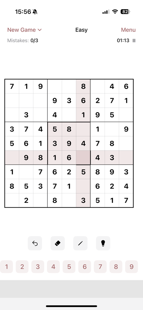 A clean and minimalist Sudoku puzzle grid on easy difficulty featuring a focus centered user interface