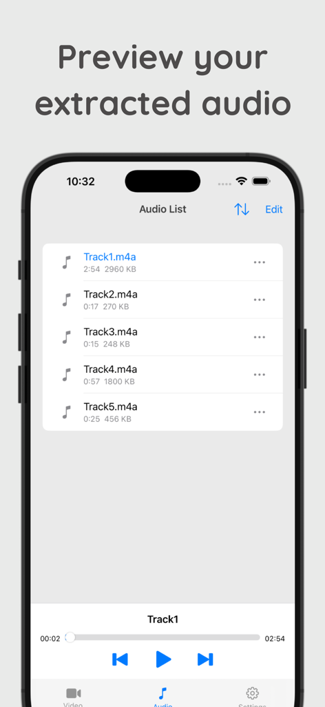 Easy Video Audio Extractor - App Estrattore Audio Video Facile che mostra un elenco di file audio estratti e un'interfaccia di anteprima della riproduzione.
