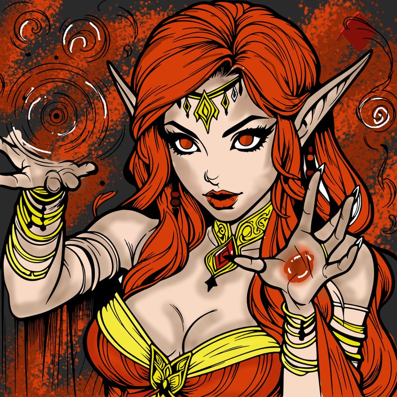 realistic scary beautiful elf sorceress casting spell