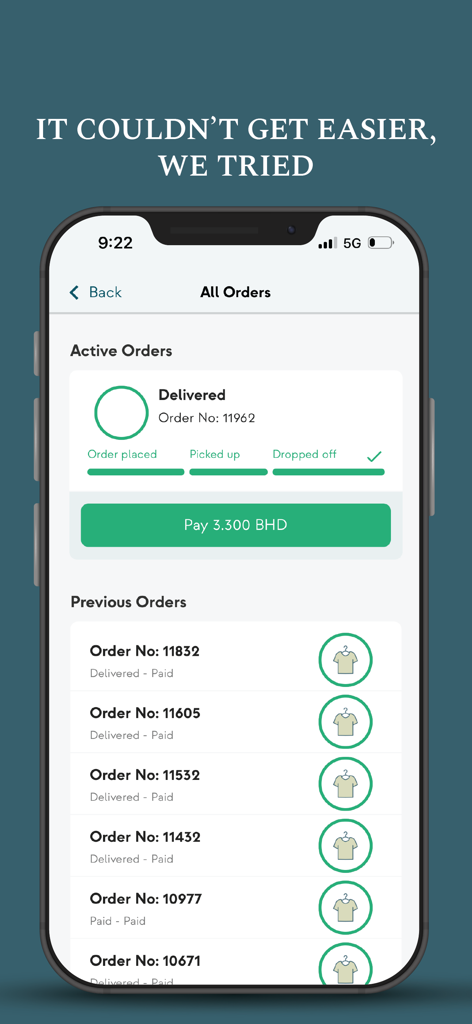 The Laundry House - Pantalla que muestra los pedidos de lavandería activos y anteriores en la aplicación The Laundry House