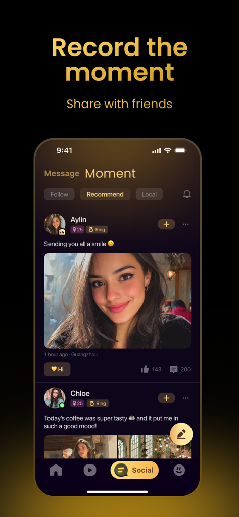 Catchii app interface showing a social feed of user moments and photo updates