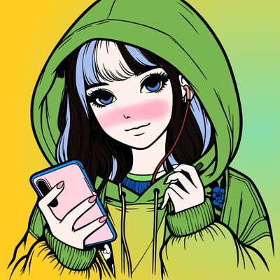 realistic girl with oversized hood and holding a phone