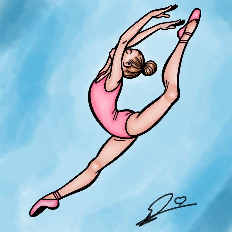 gymnast doing a leap in a leotard with a bent back leg
