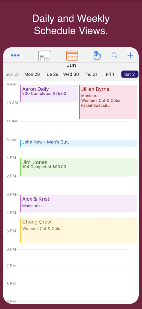 Daily and weekly appointment schedule view for skincare and beauty business management.
