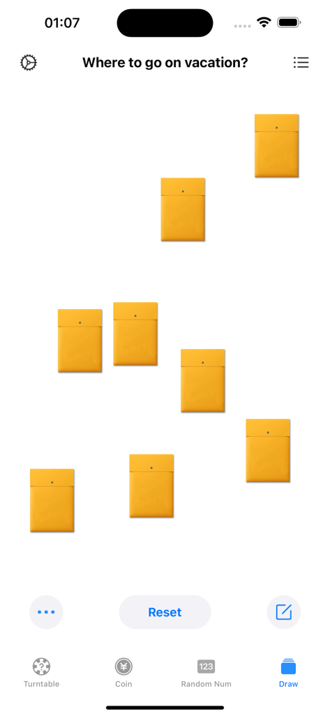 The draw feature in the Spin The Wheel app showing yellow envelopes for making a vacation decision.