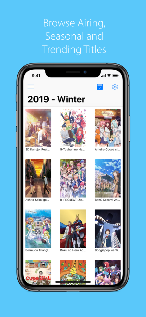 Shukofukurou app interface displaying a grid of anime titles in the Winter 2019 seasonal browser.