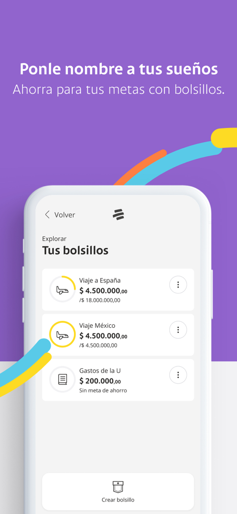 Mi Bancolombia - Tela móvel do aplicativo Mi Bancolombia mostrando bolsos de economia para metas de viagem e educação