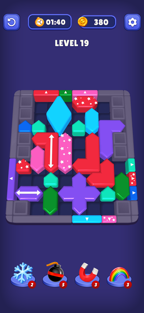 Arrow Color 3D Block Puzzle - Gameplay of Arrow Color 3D Block Puzzle showing Level 19 with vibrant blocks and directional arrows