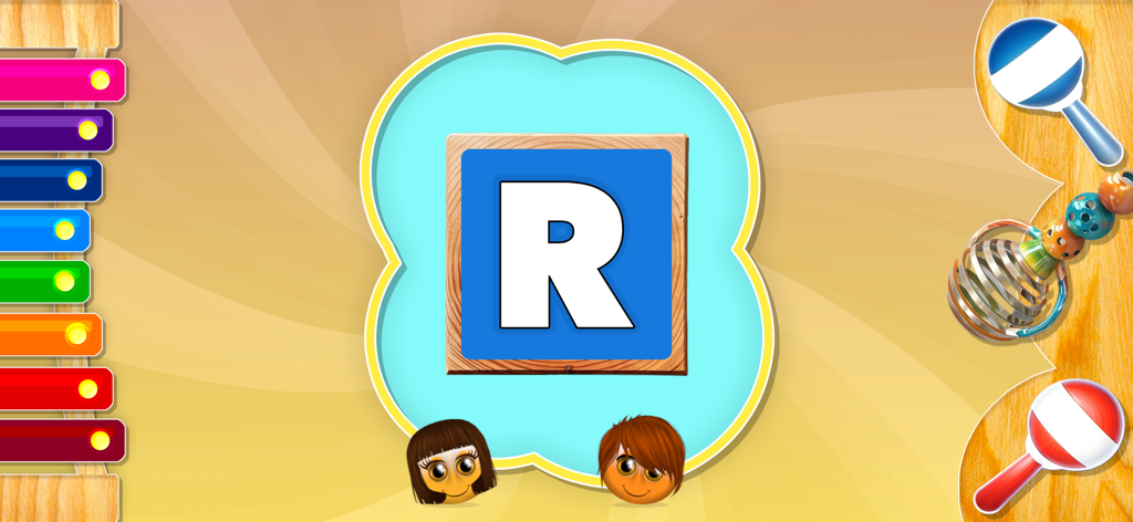 ABCs Song - Capture d'écran de l'application ABCs Song montrant la lettre R sur un bloc bleu avec un xylophone coloré et des hochets pour bébé