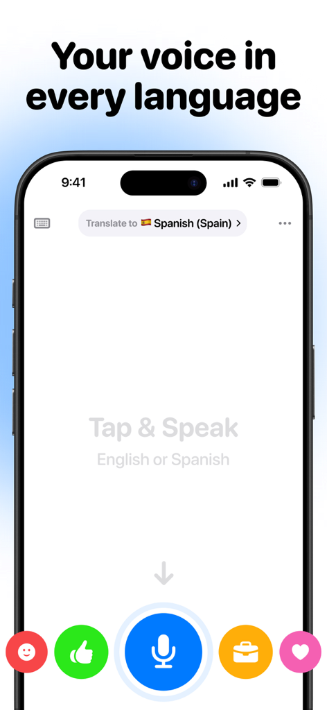 Interfaz de la aplicación Talk AI que muestra la función de traducción de voz a voz entre inglés y español.