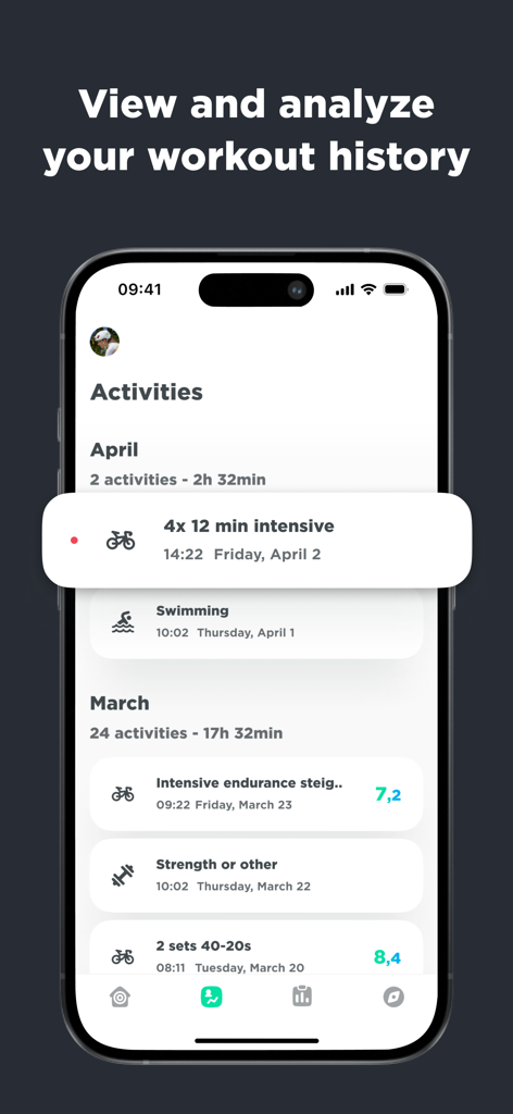 Workout history screen in the JOIN Cycling Coach app showing a list of activities including cycling, swimming, and strength training with workout scores.