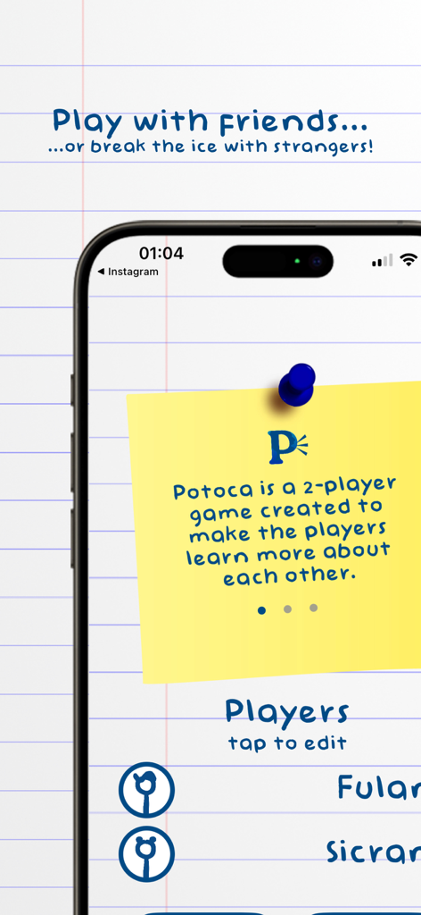 Tela do aplicativo móvel Potoca mostrando desafios quebra-gelo e configuração do jogador em um fundo estilo caderno