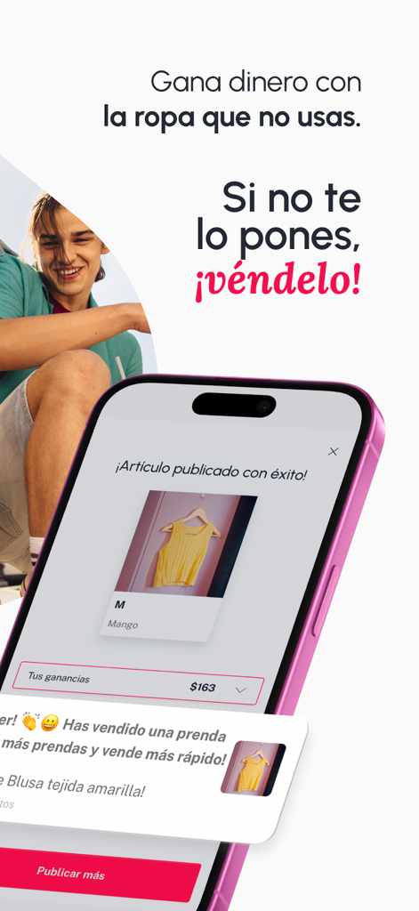 GoTrendier Compra y vende moda - 服の販売成功と出品プロセスを表示するGoTrendierモバイルアプリの画面