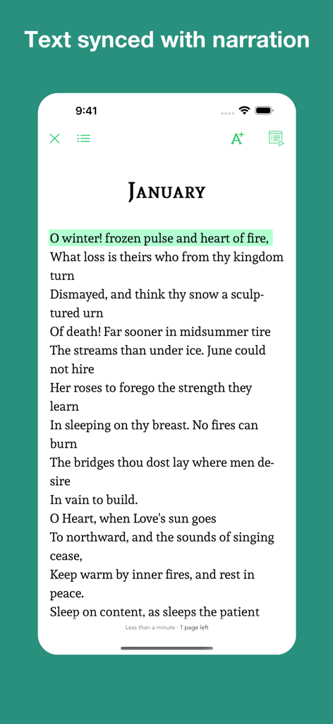 Poetry Audiobooks - Poetry Audiobooks app interface showing text synced with human narration for a poem