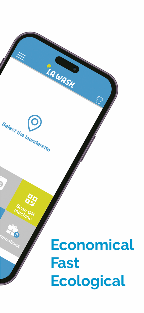 LAWASH - Interfaccia dell'app mobile LAWASH che mostra le opzioni di lavanderia self-service, inclusa la selezione della lavanderia e la scansione QR della macchina