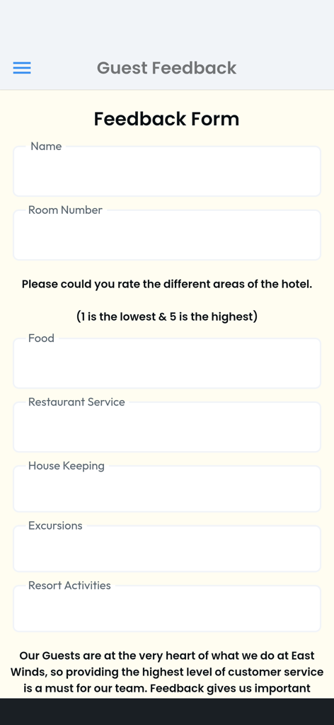 East Winds 앱의 디지털 고객 피드백 양식으로, 음식, 하우스키핑, 활동과 같은 리조트 서비스를 평가할 수 있습니다.
