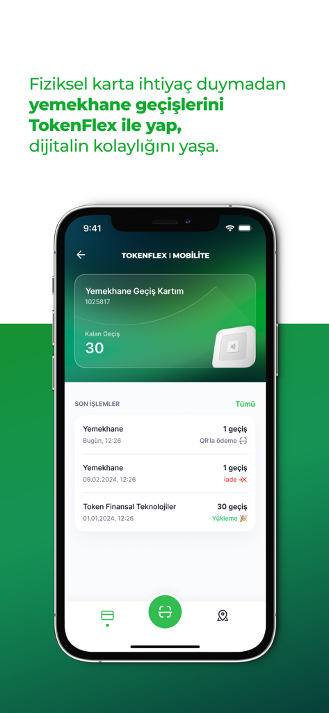 TokenFlex - TokenFlex mobile app interface showing a digital meal card with remaining cafeteria passes and transaction history
