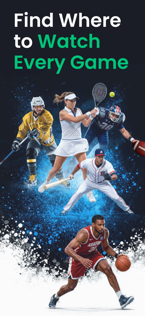 Livesportsontv.com: TV Guide - Gráfico promocional que muestra atletas de baloncesto, béisbol, hockey, tenis y fútbol con el texto Encuentra dónde ver cada partido.