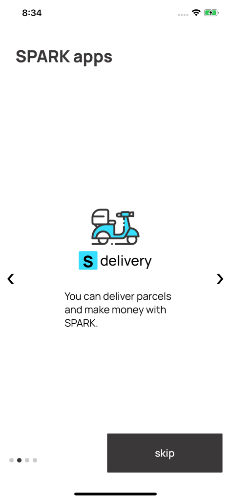 SPARK driver - SPARK driver app onboarding screen showing parcel delivery services for earning income.