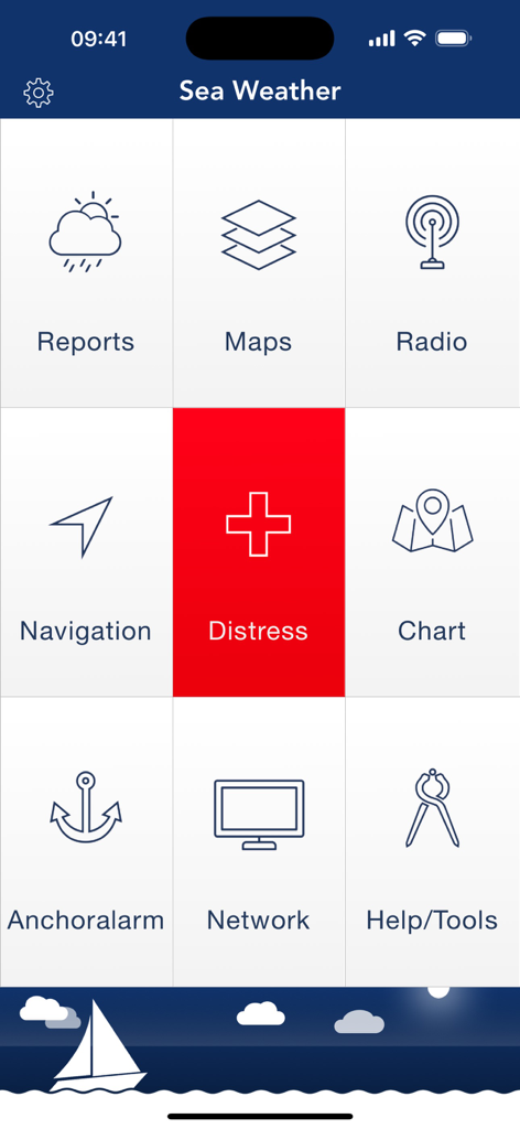 Sea Weather Professional - Main dashboard of the Sea Weather Professional app showing navigation and safety tools like reports, maps, and distress alerts.
