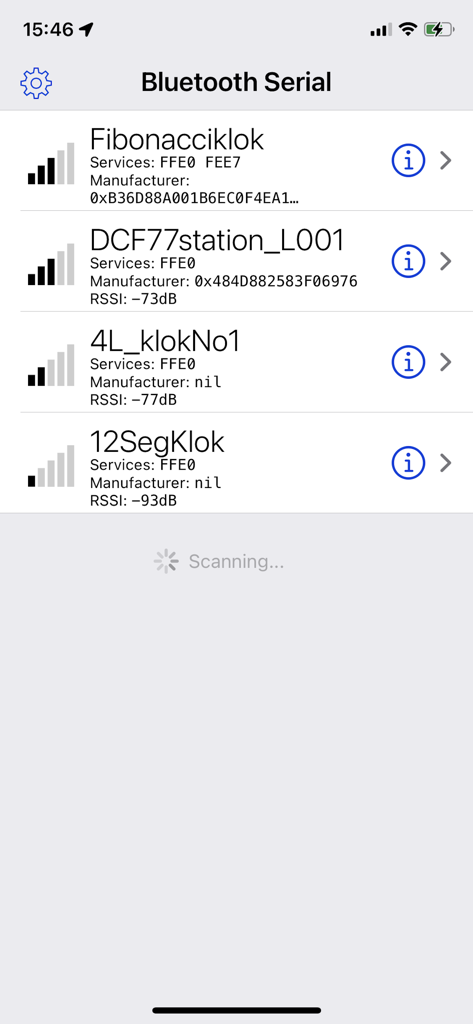BLESerial HM-10 - Scanning for nearby Bluetooth Low Energy devices in the BLESerial app interface