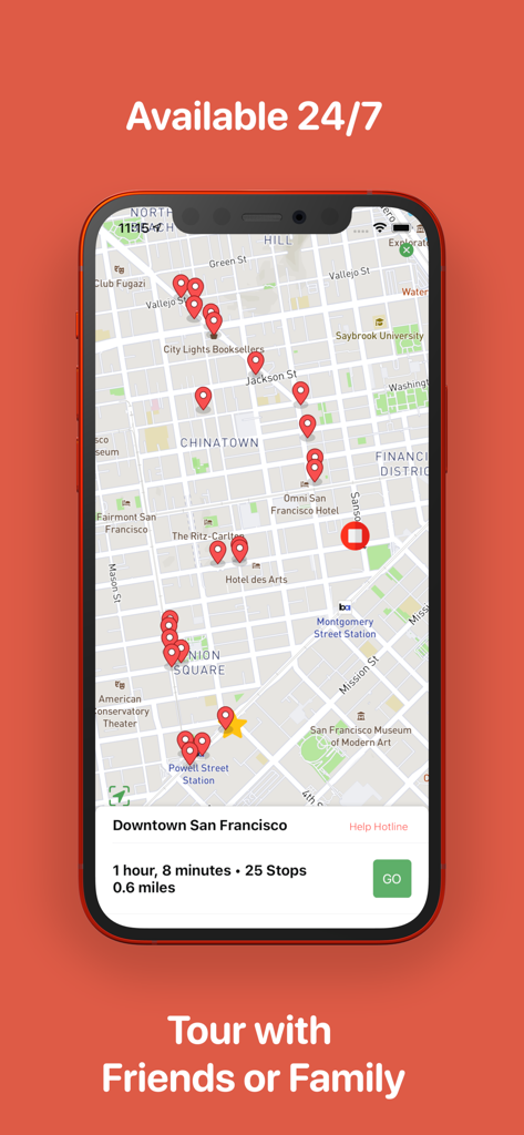 Pintours - Pintours app showing a map of a walking tour in San Francisco with twenty five stops