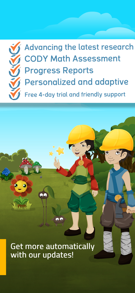 Checkliste mit Highlights der App Meister Cody Talasia mit Cartoon-Charakteren und Lernvorteilen für Kinder.