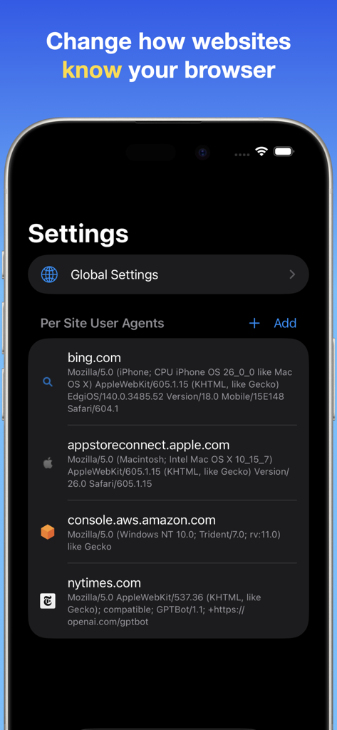 Unagent User Agent Switcher - Unagent app settings screen showing customized user agent strings for specific websites like Bing and AWS