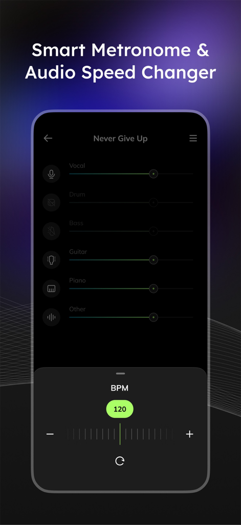 Interfaz de la aplicación Musiclab que muestra metrónomo inteligente y cambiador de velocidad de audio con control de BPM y deslizadores de separación de pistas
