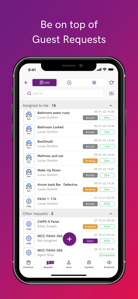 MessageBox app showing a list of hotel guest requests and staff task assignments