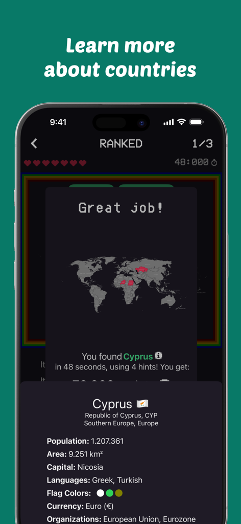 MapGame! - MapGame app interface showing detailed geography facts and statistics for Cyprus after a successful guess.
