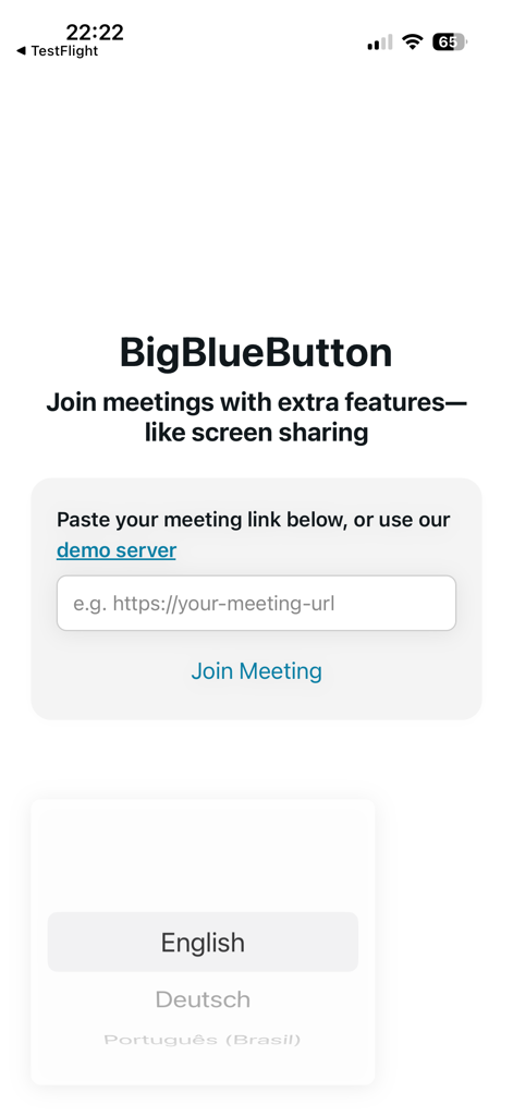 Pantalla de la aplicación móvil BigBlueButton con un campo de entrada de enlace y un botón Unirse a la reunión para aulas virtuales