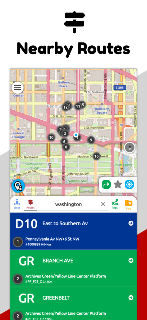Mapa de Washington DC mostrando rotas de ônibus e metrô próximas com informações de chegada em tempo real.