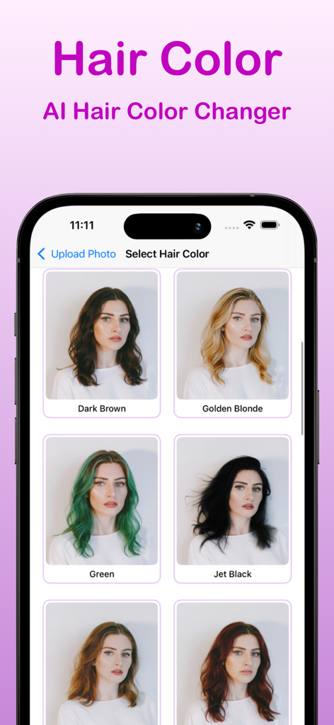 Haircut AI - Change Hair Color - AI hair color changer interface showing various hair color samples like dark brown and golden blonde on a model