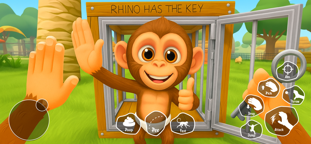 Monkey Zoo Chaos - Survival - Macaco de desenho animado numa jaula de zoo com controlos de jogo no ecrã para pegadinhas e sobrevivência ao caos