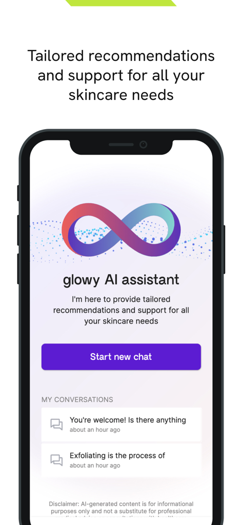 glowy AI - Skincare assistant - Interfaz de chat de la aplicación asistente de cuidado de la piel glowy AI que muestra un botón para iniciar un nuevo chat y conversaciones recientes sobre exfoliación